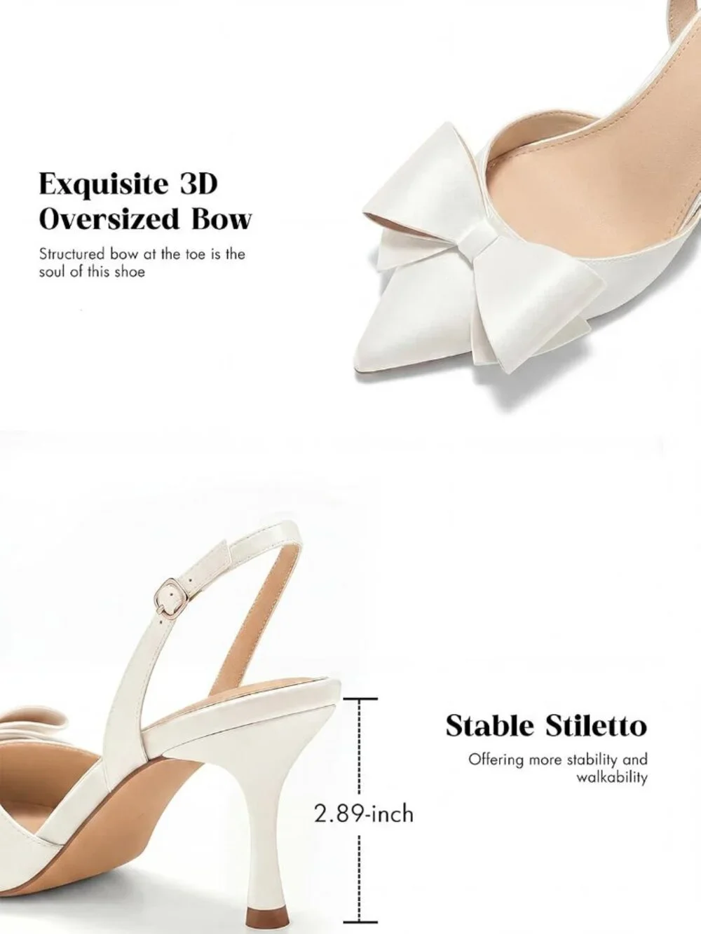 Women's White Rubber Satin Bow Slingback Kitten Heels Closed Pointed Toe Pumps